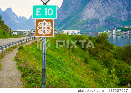 Fjord mountains landscape. Lofoten islands Norway Fjord mountains landscape. Lofoten islands Norway 137387957