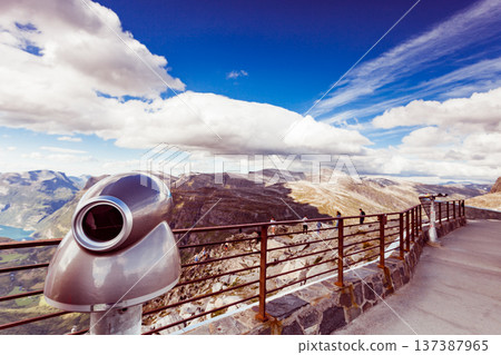 Tourist binoculars in mountains, Norway Dalsnibba platform 137387965