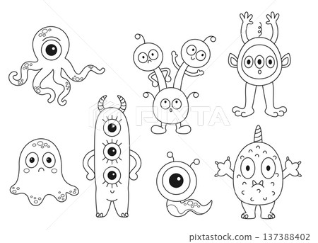 Cute cartoon monsters collection. Coloring page. Outline vector illustrations isolated on a white background 137388402