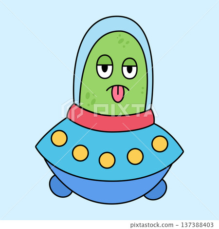 Funny cartoon alien in a flying saucer. Hand-drawn illustration. Vector illustration isolated on a white background Funny cartoon alien in a flying saucer. Hand-drawn illustration. Vector illustration isolated on a white background 137388403