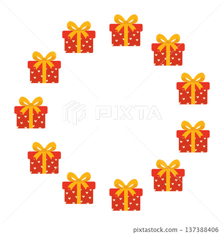 Round frame with gift boxes. Festive design. Isolated background. Flat style vector illustration Round frame with gift boxes. Festive design. Isolated background. Flat style vector illustration 137388406
