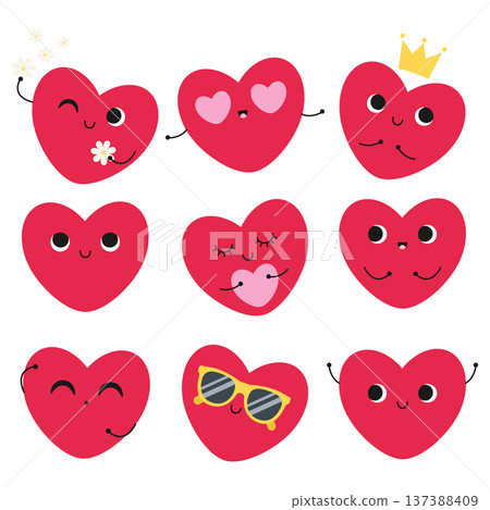 Collection of hearts with different emotions. Valentine's Day design. Isolated on a white background. Flat style vector illustration Collection of hearts with different emotions. Valentine's Day design. Isolated on a white background. Flat style vector illustration 137388409