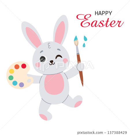 Cute artist rabbit holding a palette and brush. Isolated on a white background. Hand-drawn. Vector illustration. Cute artist rabbit holding a palette and brush. Isolated on a white background. Hand-drawn. Vector illustration. 137388429
