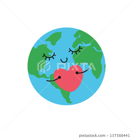 Cute planet Earth holds the heart. Vector flat illustration isolated on a white background Cute planet Earth holds the heart. Vector flat illustration isolated on a white background 137388441