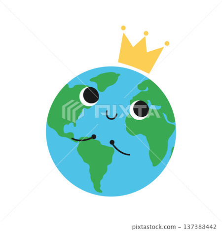 Cute planet Earth wearing a royal crown. Vector flat illustration isolated on a white background Cute planet Earth wearing a royal crown. Vector flat illustration isolated on a white background 137388442