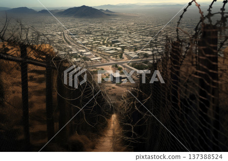 Barbed Wire Landscape Symbolizing Migration Challenges, Border Disputes Concept 137388524