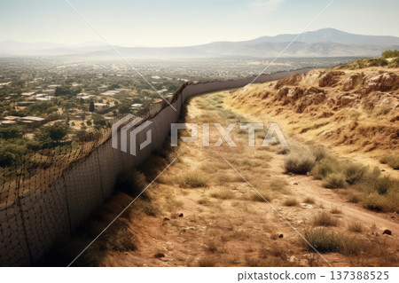 Barbed Wire Divides Landscape, Symbolizing Border Disputes and Migration Struggles 137388525