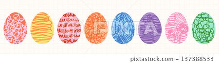 Colorful doodle Easter vector egg shapes with different hand painted scribble textures, fun scrapbook graphic design elements for greeting cards and banners Colorful doodle Easter vector egg shapes with different hand painted scribble textures, fun scrapbook graphic design elements for greeting cards and banners 137388533