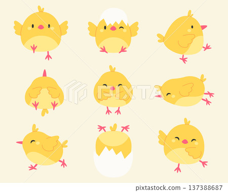Set of funny cartoon illustrations of baby chicks isolated on a white background. Vector illustration in flat style Set of funny cartoon illustrations of baby chicks isolated on a white background. Vector illustration in flat style 137388687