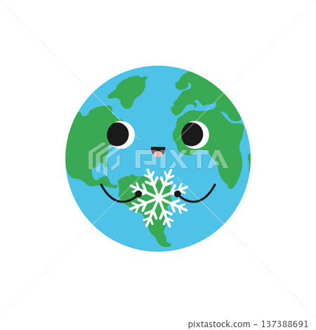 Cute planet Earth holding a snowflake. Vector flat illustration isolated on a white background 137388691