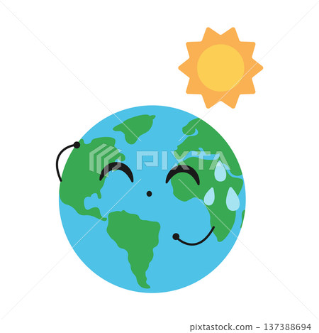 Cute planet Earth and the Sun. Extreme heat. Vector flat illustration isolated on a white background Cute planet Earth and the Sun. Extreme heat. Vector flat illustration isolated on a white background 137388694