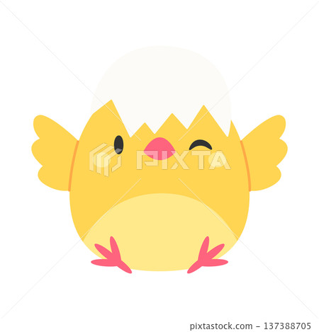 Funny chick with an eggshell on its head, isolated on a white background. Vector illustration in flat style Funny chick with an eggshell on its head, isolated on a white background. Vector illustration in flat style 137388705