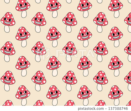 Pattern of toadstools. Cute funny mushroom characters. Vintage design. Flat style vector illustration 137388746