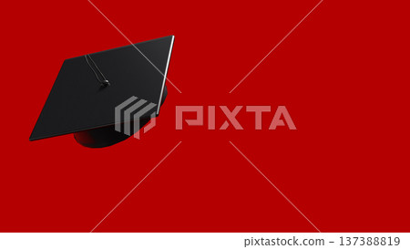 Minimal Black Graduation Cap on Red Background 3d render. Minimal Black Graduation Cap on Red Background 3d render. 137388819