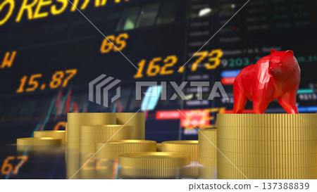Red Bear On Gold Coins Stock Market Downtrend Concept 3d render. Red Bear On Gold Coins Stock Market Downtrend Concept 3d render. 137388839