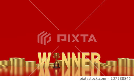 Golden Winner Text With Trophy And Coins Success Concept 3d render. Golden Winner Text With Trophy And Coins Success Concept 3d render. 137388845