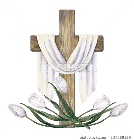 Watercolor illustration of wooden Christian cross with white cloth, spring tulips. Symbol of Easter and resurrection isolated on white background for greeting cards, church prints, invitation, posters Watercolor illustration of wooden Christian cross with white cloth, spring tulips. Symbol of Easter and resurrection isolated on white background for greeting cards, church prints, invitation, posters 137389129