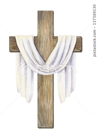 Christian wooden watercolor cross with white draped cloth. Symbol of faith and resurrection isolated on white background for Easter cards, church materials, religious prints, invitations, posters 137389130