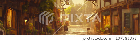 A shopping street in a local city at dusk, anime style 137389355
