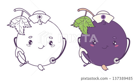 Nurse Blackcurrant Girl with Stethoscope. Colored and Outline Cute Kawaii Berry Currant Mascot Medical Character. Isolated Line drawing, coloring page. Vector illustration 137389485