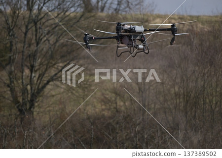 Agricultural drone spraying orchard after pruning for precision agriculture and crop protection Agricultural drone spraying orchard after pruning for precision agriculture and crop protection 137389502
