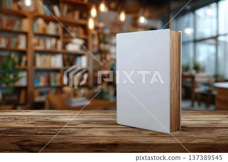 Blank book mockup on wooden table with blurred library background, perfect for editorial or promotional design presentations. Blank book mockup on wooden table with blurred library background, perfect for editorial or promotional design presentations. 137389545