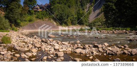 Mountain River with Rocky Shore and Forested Slopes 137389668