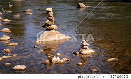Zen Stone Balance in Calm River Water 137389670