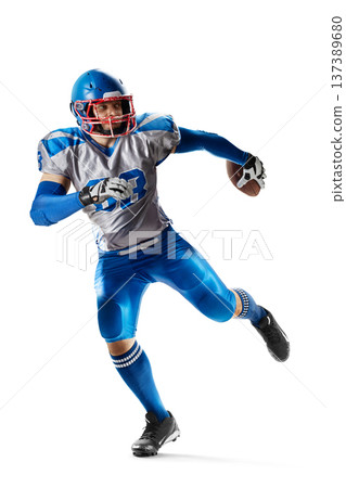 Quarterback. Running athlete. American football sportsman in action and motion. American football. Isolated on white background. Sport Quarterback. Running athlete. American football sportsman in action and motion. American football. Isolated on white background. Sport 137389680