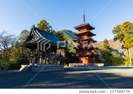 山梨縣身延町的秋天:身延山上的久遠寺秋葉,寺內有大鐘和五重塔。 山梨縣身延町的秋天:身延山上的久遠寺秋葉,寺內有大鐘和五重塔。 137389739