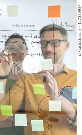 Business colleagues brainstorming, writing strategy notes on glass board, collaborating with colorful sticky notes in creative workplace meeting 137389984