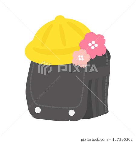 Illustration of a black school bag and a yellow hat with cherry blossom petals 137390302