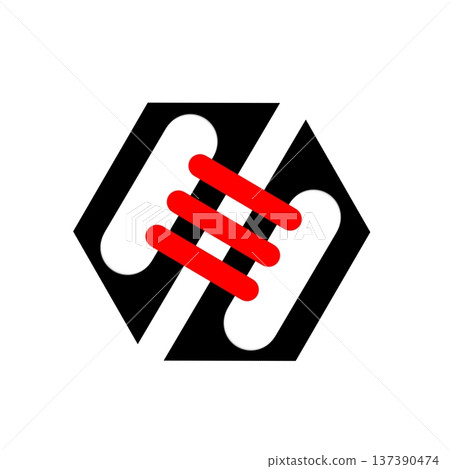 Modern abstract logo design featuring a black hexagonal shape with intertwined white elements and three bold red lines. Ideal for technology, business, or branding. Modern abstract logo design featuring a black hexagonal shape with intertwined white elements and three bold red lines. Ideal for technology, business, or branding. 137390474