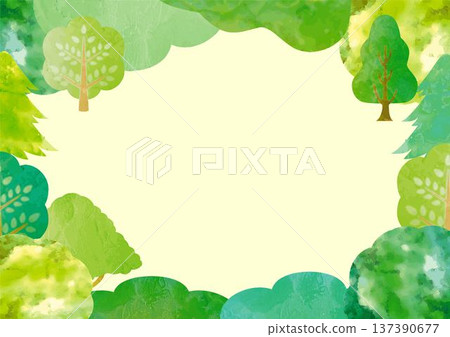 Hand-drawn watercolor frame illustration of fresh greenery and forest. Background material on the theme of nature, ecology, and forest bathing 137390677