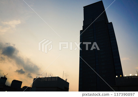 黃昏時分,高聳入雲的摩天大樓。 黃昏時分,高聳入雲的摩天大樓。 137390897