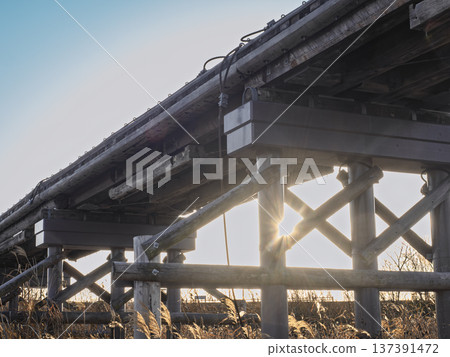 抬頭仰望浮橋,木質橋架構成了一幅令人嘆為觀止的全景圖。 抬頭仰望浮橋,木質橋架構成了一幅令人嘆為觀止的全景圖。 137391472