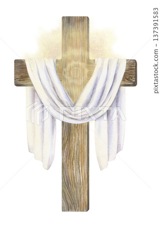Watercolor wooden cross draped with white cloth and soft glowing light around the cross creates a spiritual atmosphere. Christian Easter symbol of resurrection, faith and hope for church design 137391583