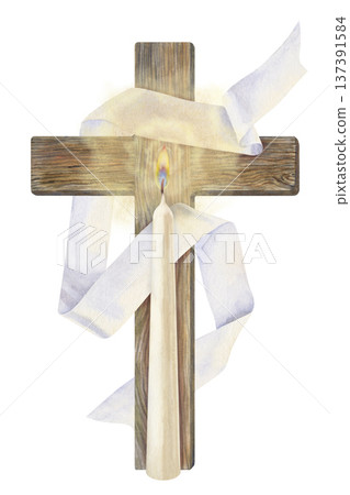 Watercolor wooden cross draped with white cloth and illuminated candle. Christian Easter symbol of resurrection, faith and hope. Soft glowing light around the cross creates a spiritual atmosphere 137391584