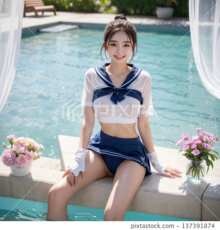 Smiling female student in a sailor uniform sitting by the pool AI image AI photo 137391874