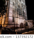 Historic gothic cathedral architecture illuminated at night under a dramatic sky, highlighting intricate stone design and timeless European heritage. 137392172