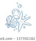 Vector illustration with a marine theme. Underwater world, seaside vacation in blue. Cute starfish and shell in doodle. 137392182