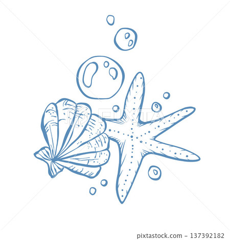 Vector illustration with a marine theme. Underwater world, seaside vacation in blue. Cute starfish and shell in doodle. 137392182