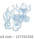 Vector illustration with a marine theme. Underwater world, seaside vacation in blue. Cute octopus and jellyfish in doodle. 137392208