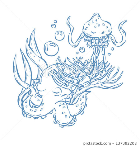 Vector illustration with a marine theme. Underwater world, seaside vacation in blue. Cute octopus and jellyfish in doodle. Vector illustration with a marine theme. Underwater world, seaside vacation in blue. Cute octopus and jellyfish in doodle. 137392208