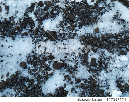 Dark earth texture with scattered snow. Winter soil background Dark earth texture with scattered snow. Winter soil background 137392554