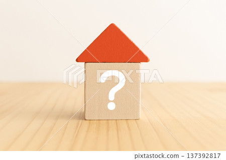 Wooden building block house with question mark - Housing question image Wooden building block house with question mark - Housing question image 137392817