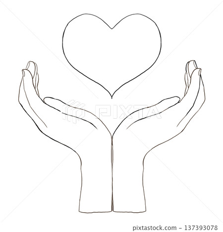 Line drawing illustration of a heart floating from a hand. Monochrome material of love and hope. 137393078