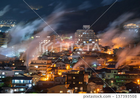 Beppu town light up with motion steam of hot spring bath Beppu town light up with motion steam of hot spring bath 137393508