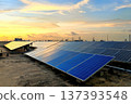 Solar panels on rooftop of office building against twilight sky at dusk 137393548