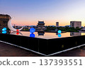 Rooftop to view Kokura Castle with moon light bulb on pond, Kitakyushu 137393551